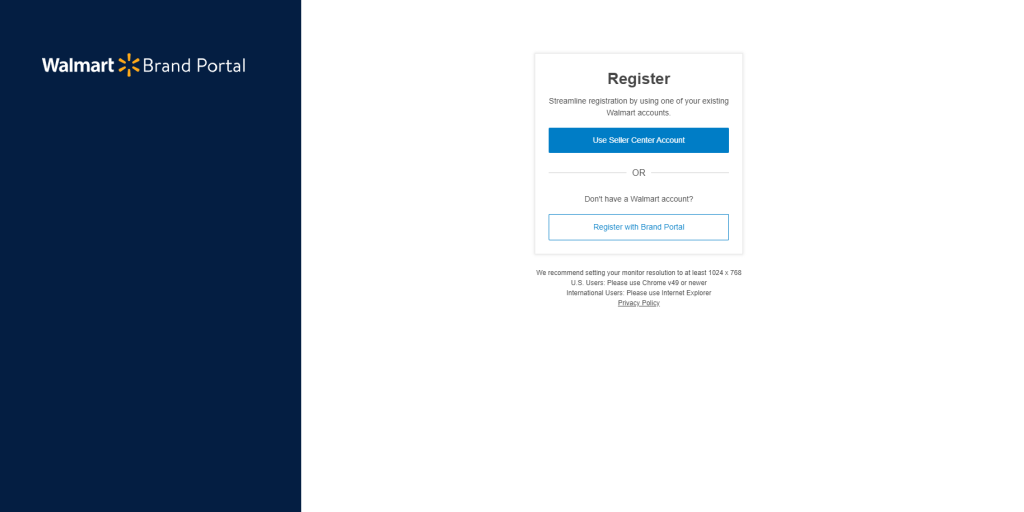 Apply online for Walmart brand registry with seller center login credentials
